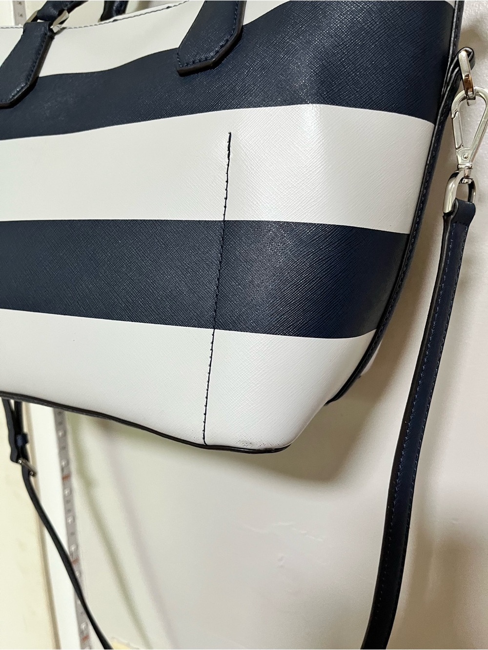 Michael Kors Black and White Striped Leather Tote with MK Charm - Picture 12 of 17